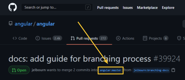 Screenshot of a GitHub PR with the base branch highlighted