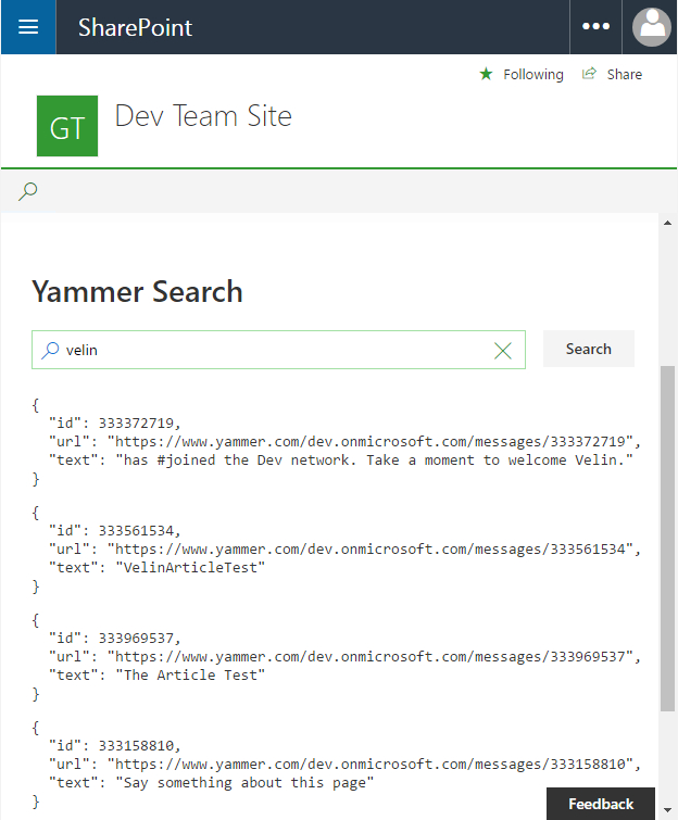 The yammer search web part displayed in SharePoint online