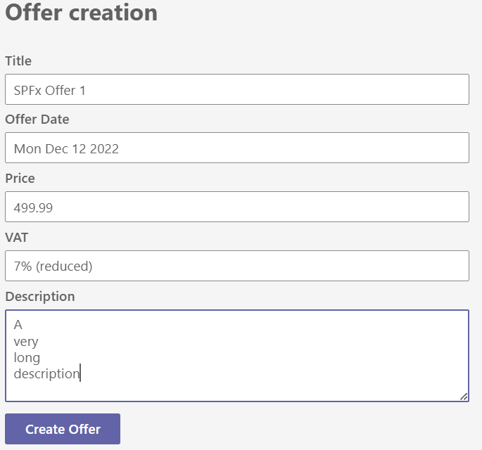 Create Offer form with FluentUI controls