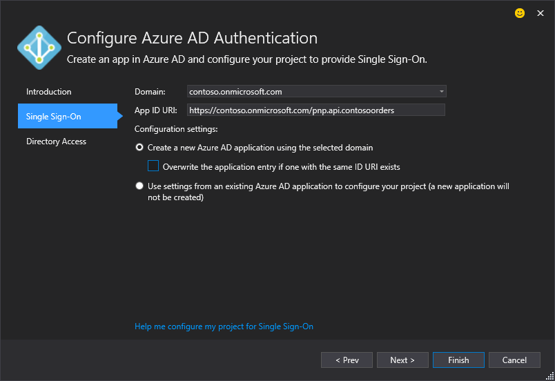 Azure AD Authentication configuration dialog in Visual Studio