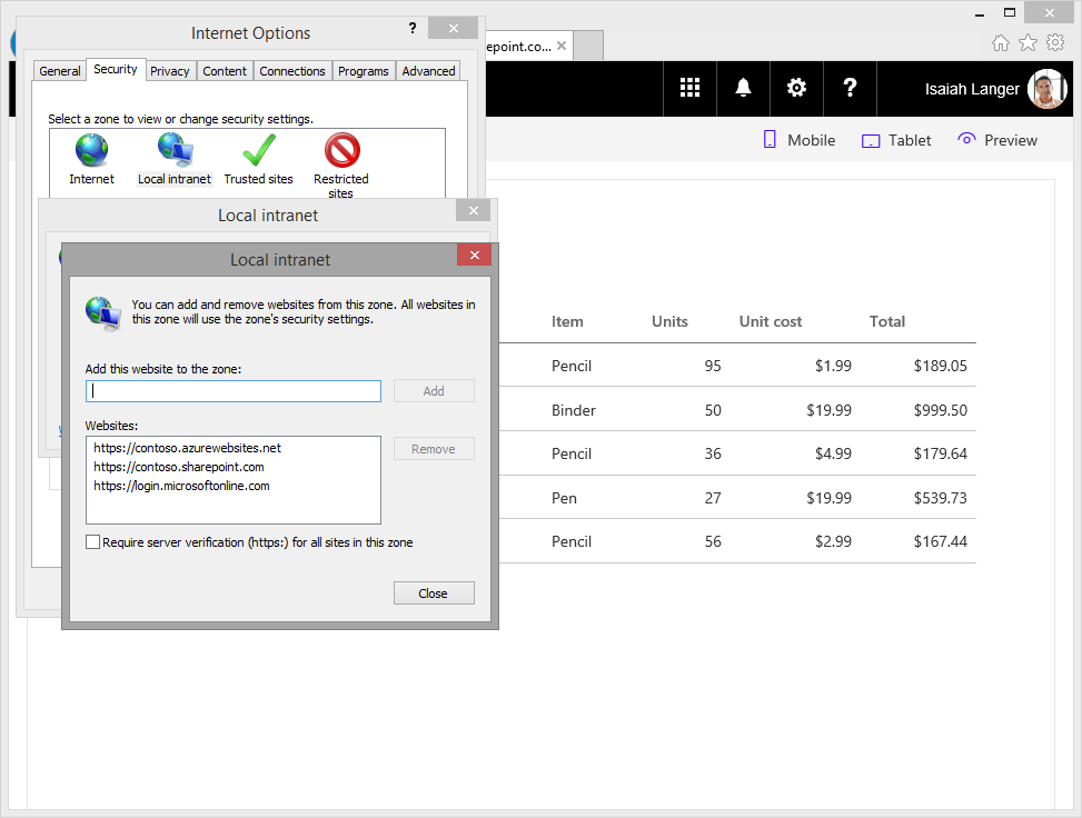 Microsoft Internet Explorer security zones settings