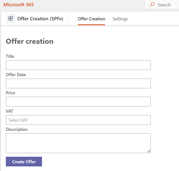 Create Offer form with FluentUI controls opened in Microsoft 365