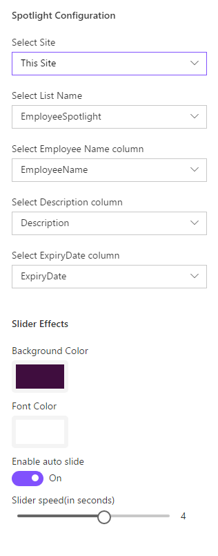 Screeshot of the Employee Spotlight web part options