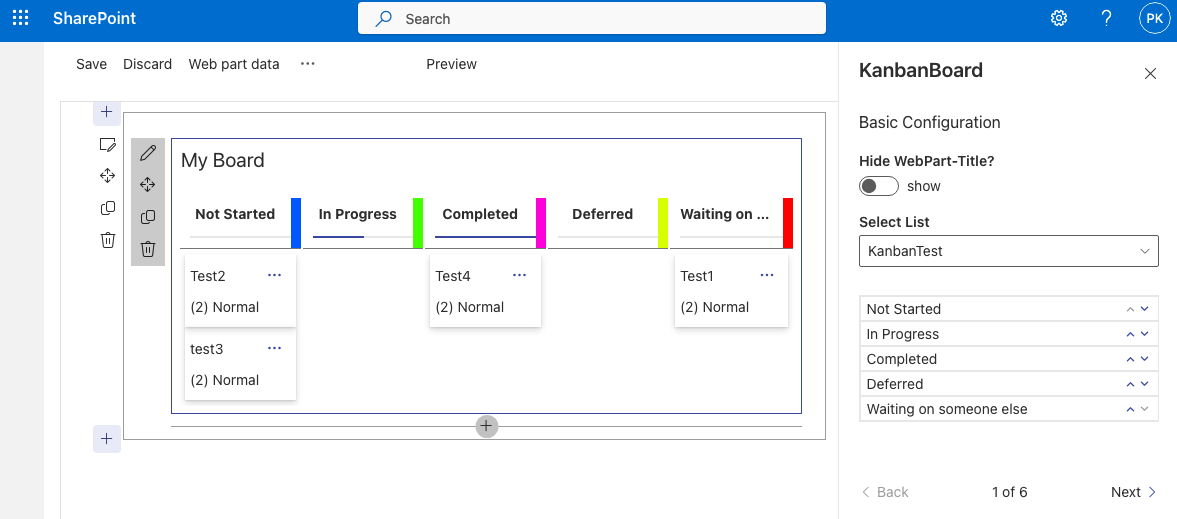 Kanban Board Settings: list selection and status column order as bucket