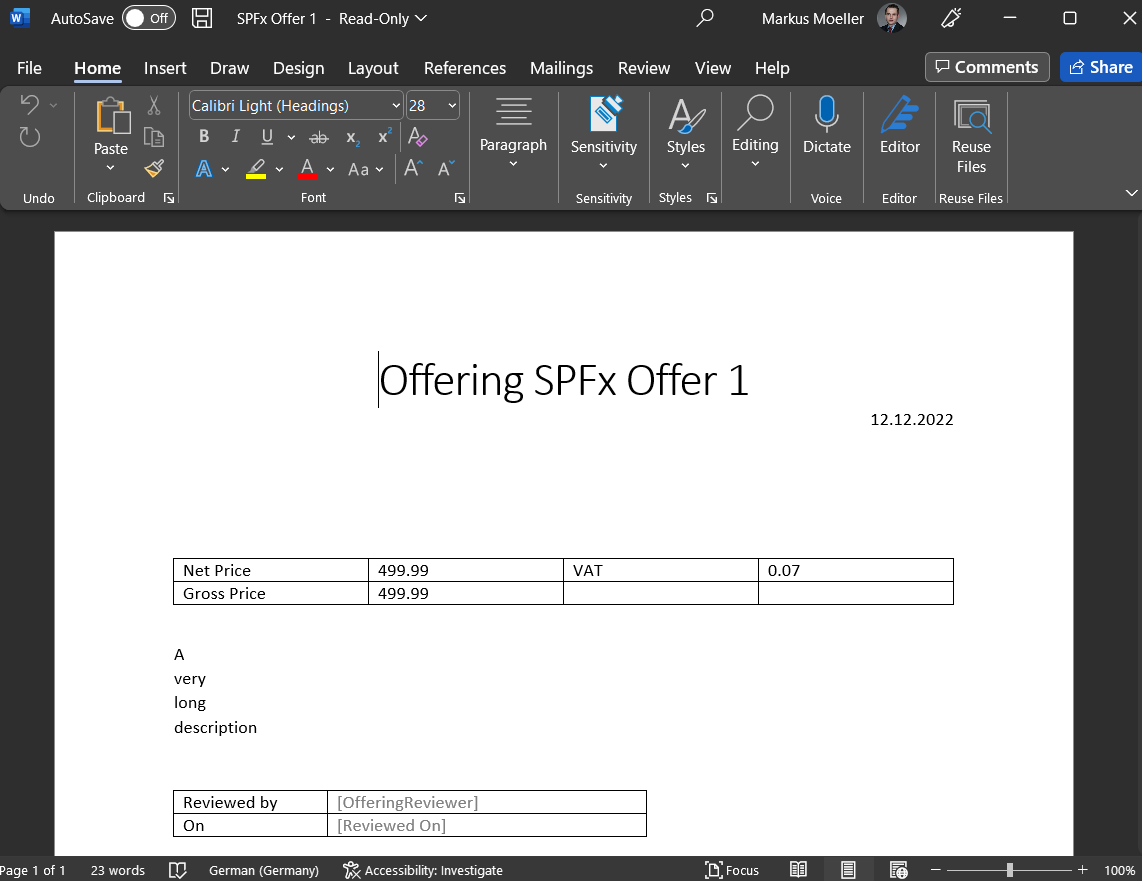 Created Offer with filled metadata opened 1in Word