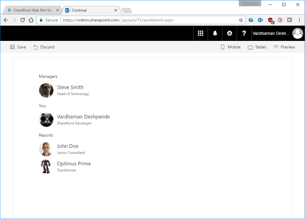 Organisation Chart for the current user running in SharePoint