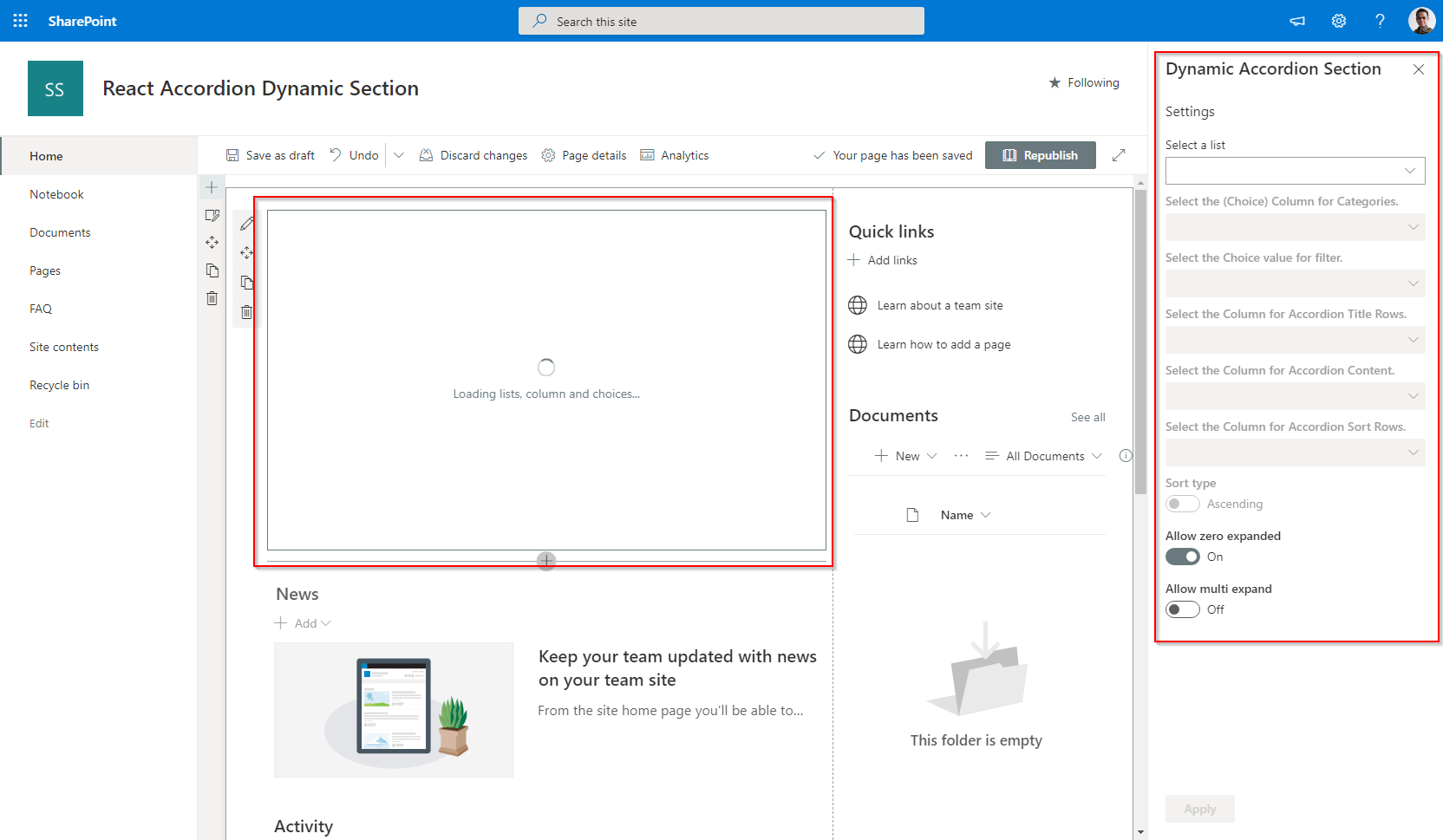 Select list and other properties from property panel for use with the Accordion