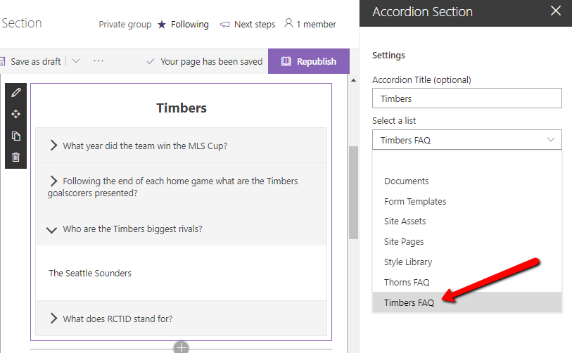 Select list from property panel for use with the Accordion