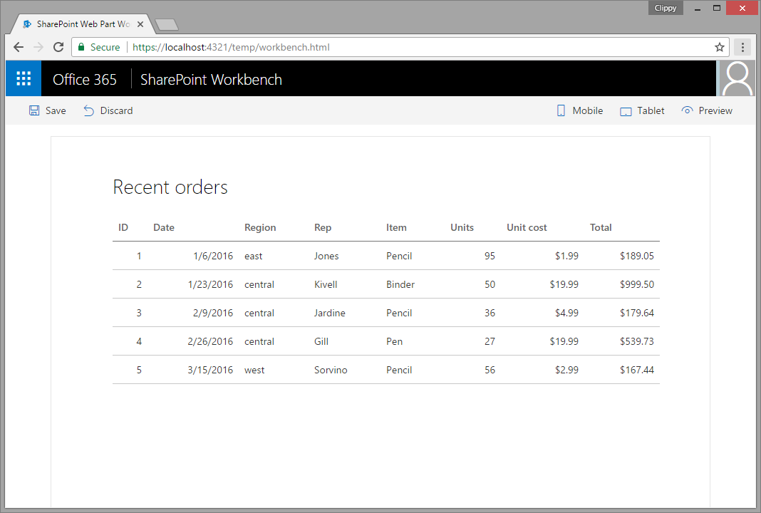 Web part showing the list of latest orders retrieved from a custom API secured with AAD