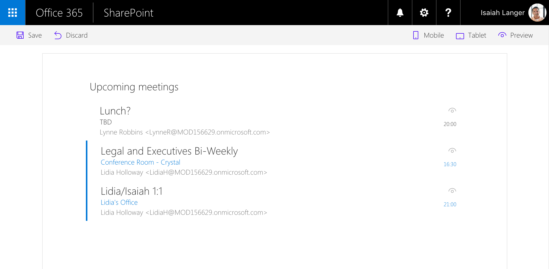 The upcoming meetings web part displayed in SharePoint workbench