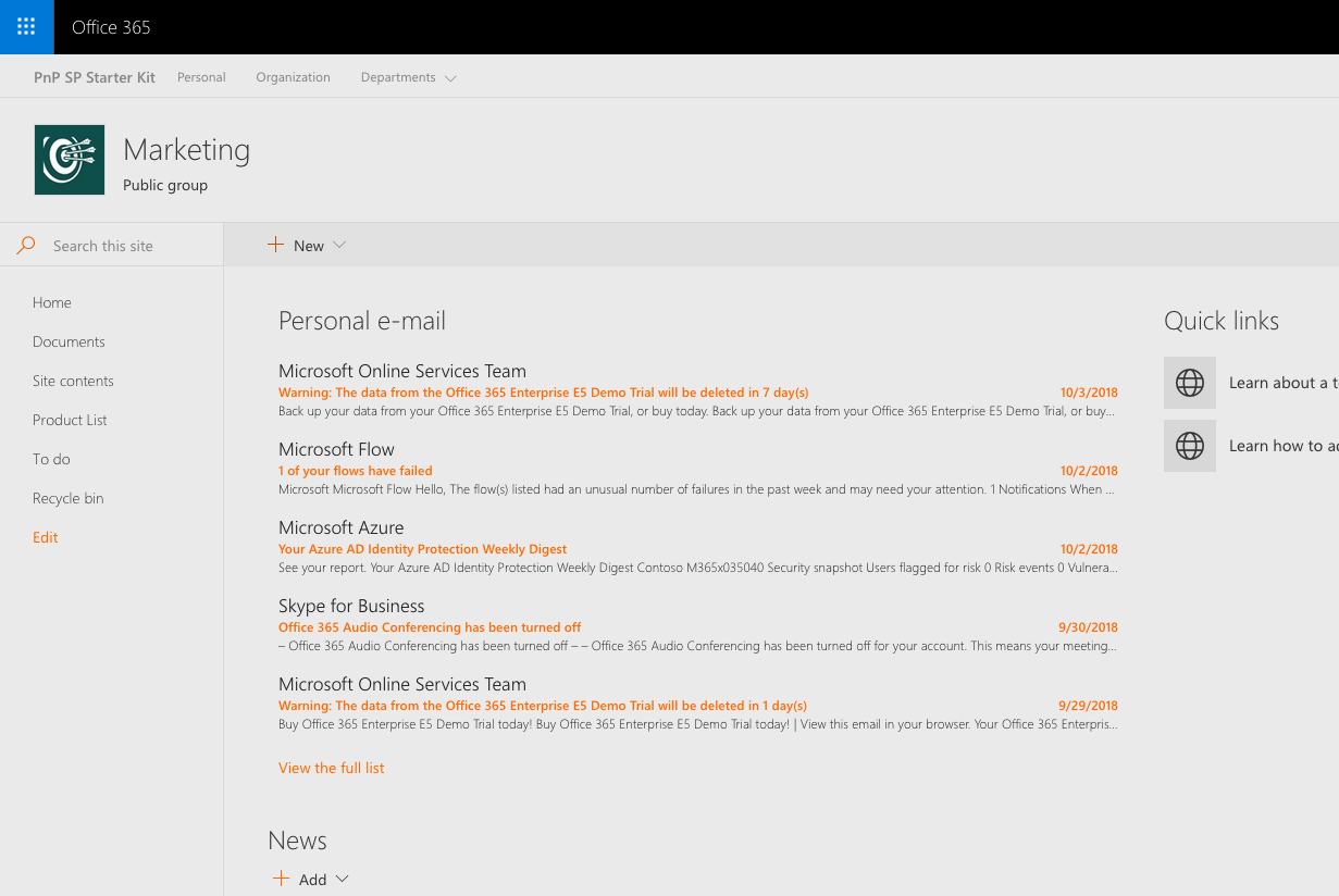 SharePoint Framework web part showing latest personal e-mails