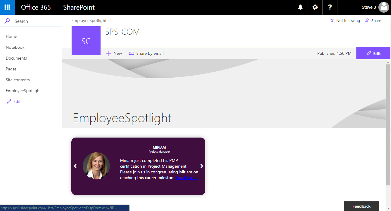 Screenshot of the Employee Spotlight web part