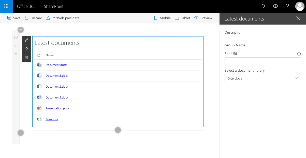 Web parts placed on a modern SharePoint page showing information about documents