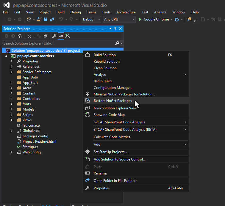 The Restore NuGet Packages option highlighted in Visual Studio