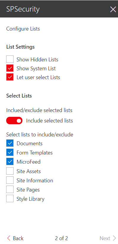 List Configuration panel