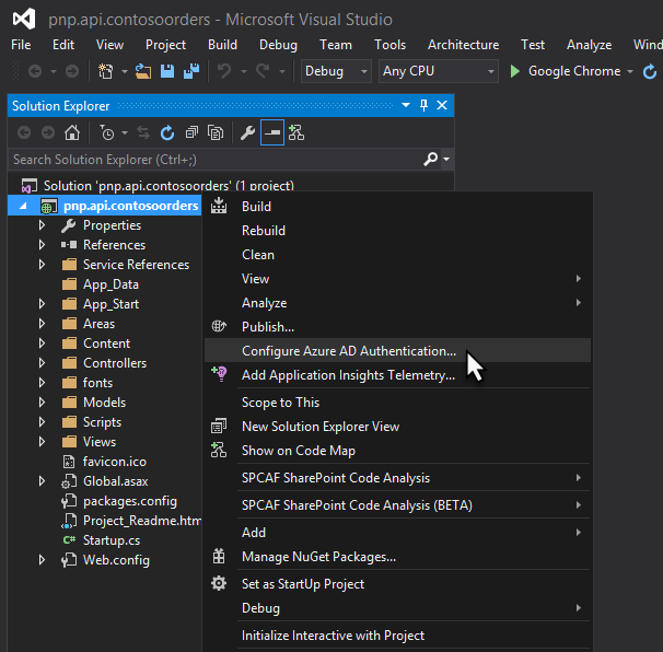 The Configure Azure AD Authentication option highlighted in Visual Studio