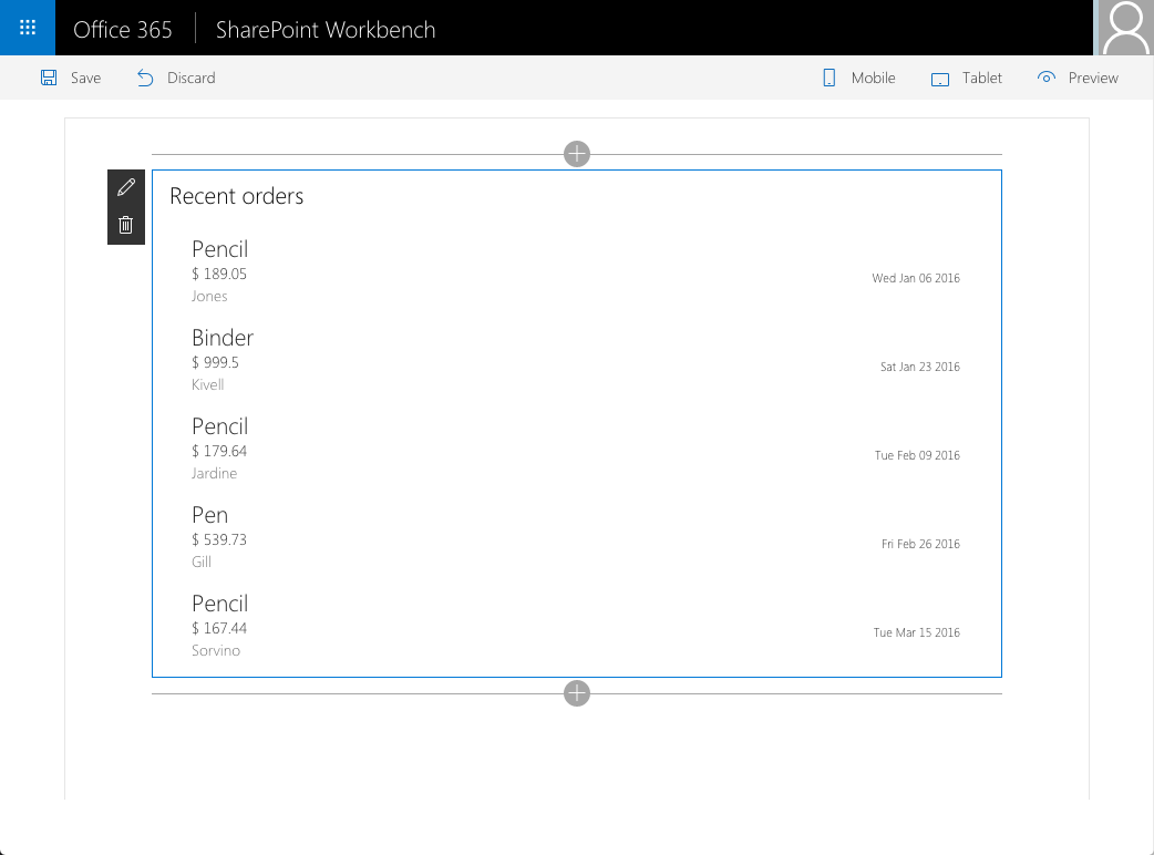 Sample web part showing orders retrieved from a custom Web API secured with Azure Active Directory