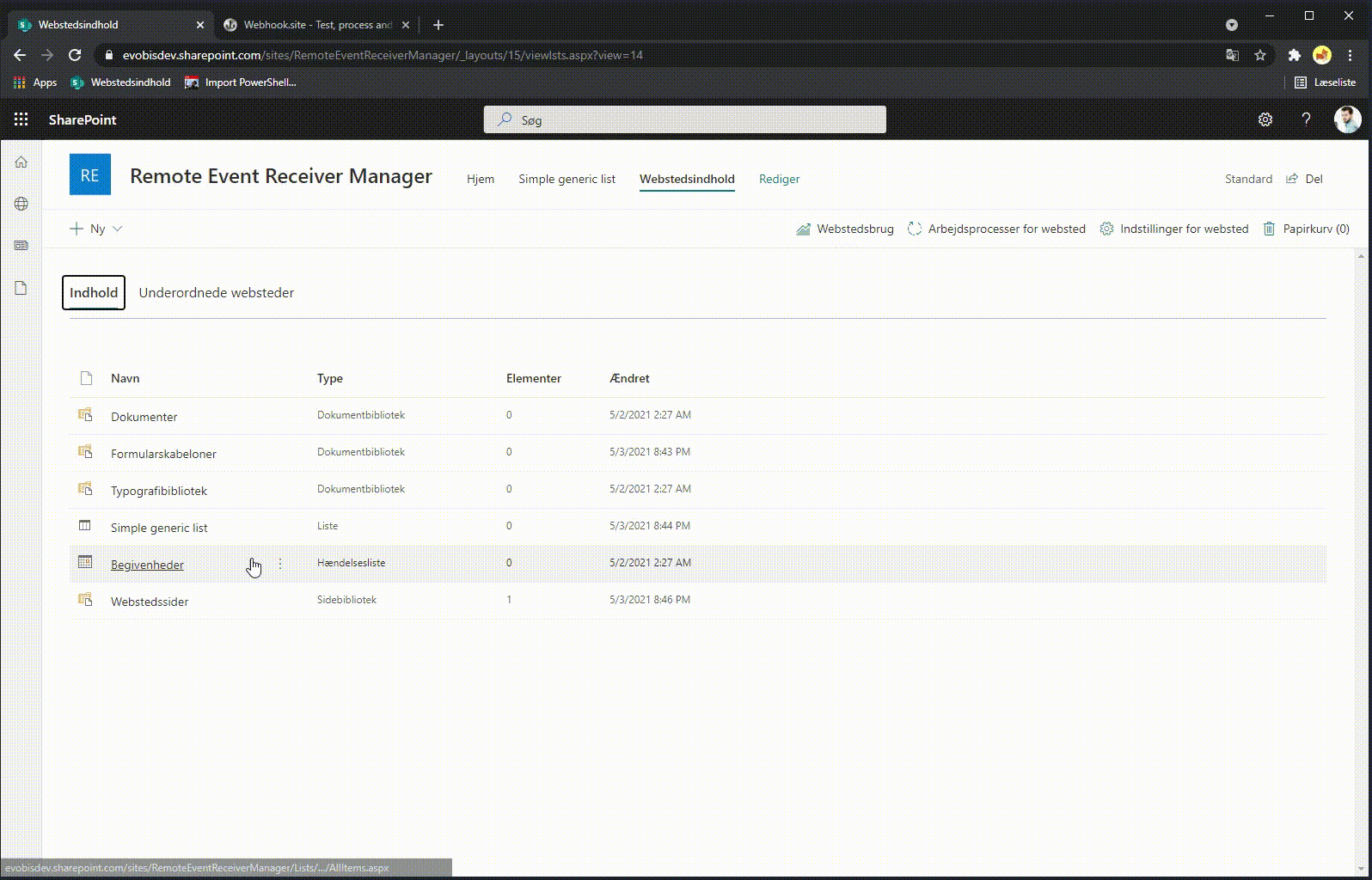 Remote event receiver manager web part