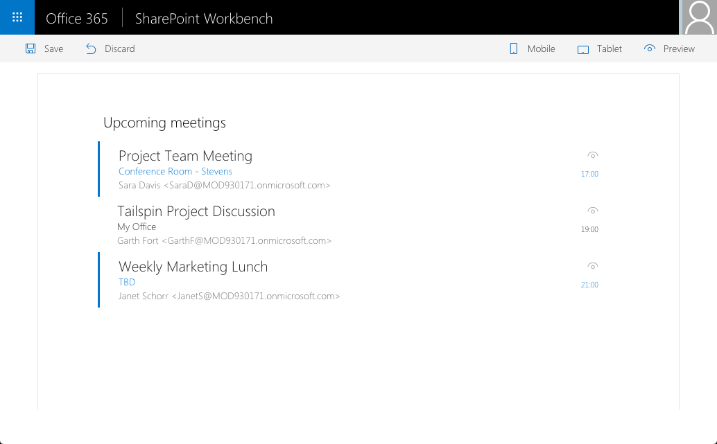 The upcoming meetings web part displayed in SharePoint workbench