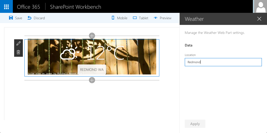 Sample Web Part built using jQuery showing current weather in the specified location