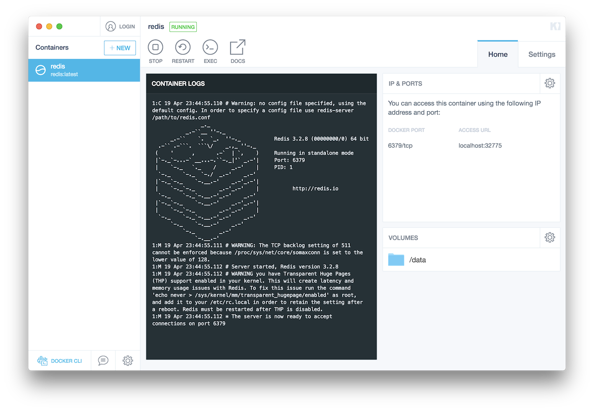 Redis container in Kitematic