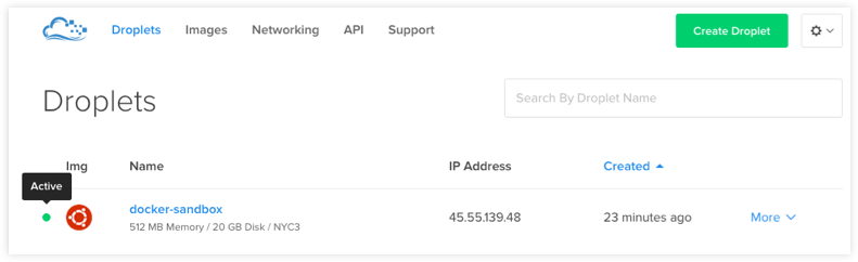 Droplet in DigitalOcean created with Machine