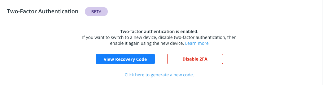 New recovery code link